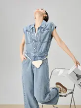 爽やかな青のフレンチスタイルノースリーブデニムオールインワン【夏用・女性用】