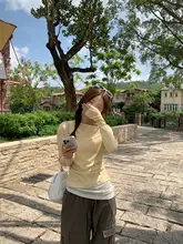 レース付きオフショルダー長袖シャツ【イエロー・タイトフィット】