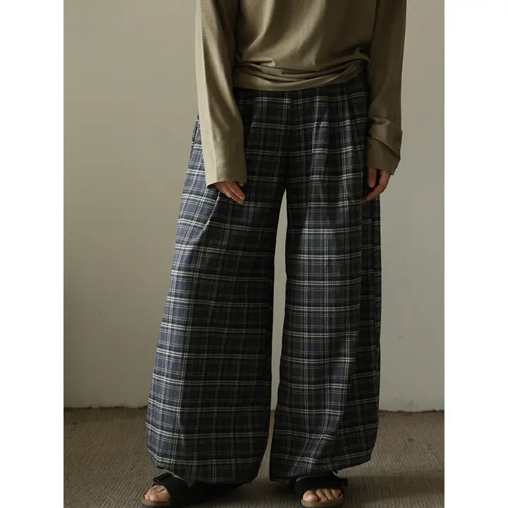 オーガニックコットンチェック柄ルーズパンツ【ウエストゴム・右ポケット・フィット】