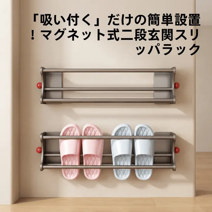 玄関用 磁気吸着 シューズラック【ダブル層・省スペース収納】