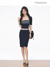 ストライプ柄のドッキングニットトップス【中袖・半袖・スカート付き】（セットアップ対応）