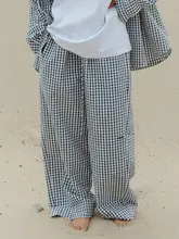 チェック柄リボン付きカジュアルパンツ【刺繍デザイン・ルーズフィット・ウエストゴム】