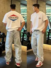 アメリカンストリートスタイルのデザイン半袖Tシャツ【重厚なコットン・若者向け・小さめネック】