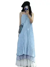 エレガントなブルーのキャミソールワンピース【夏用・リゾートスタイル・ロング丈】