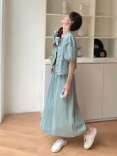 韓国系ヴィンテージデニムスカート【夏用・薄手・フロントボタン・ハイウエスト】（セットアップ対応）