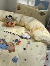 バルーン犬刺繍入りコットン製ベッドカバー【ミルクイエロー・可愛いデザイン・洗面器付き・三点フルセット（セットアップ対応）】