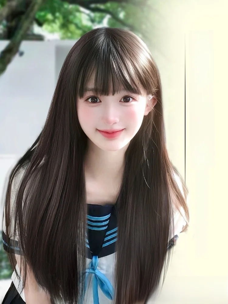 ヘア アレンジ ロング 簡単 大人向け フルカバーウィッグ ブラック ロングストレートバング