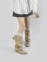 長膝丈の西部風ブーツ【金属ベルトアクセント・皺加工・女性用】