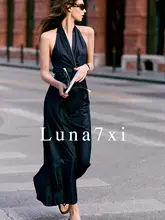 デザイン性のあるツイストフリルノースリーブハイネックワンピース【バックオープン・ロング丈・夏用】