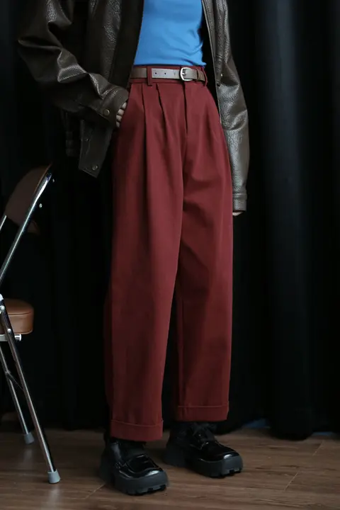 レディース 秋用ハイウエスト カジュアルワイドパンツ【レトロスタイル・ストレートシルエット・赤色】（セットアップ対応）