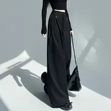 美式レトロ ブラック ワイドパンツ【ドレープ・カジュアル・女性用】（セットアップ対応）