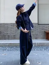 深青色 カジュアルスポーツパーカー【秋用・学院風・広めのパンツ・極上の柔らかさ】（セットアップ対応）