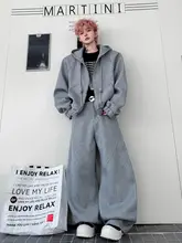フーディー付きカーディガンとワイドレッグパンツのスポーツスタイル【アメリカンストリート風・弯刀デザイン】（セットアップ対応）