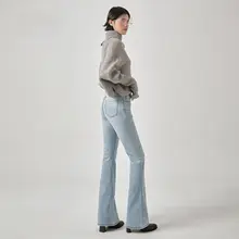 高腰ストレッチデニムパンツ【ブラック・フレアデザイン・小柄向け・ハイウエスト】（セットアップ対応）