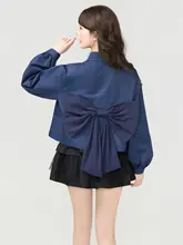 リボン付き ブルーの長袖シャツ【短丈・ランタンスリーブ・春夏用】