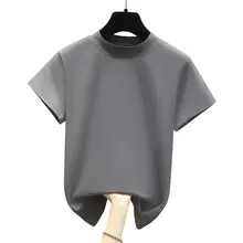 グレー Tシャツ【女性用・ショートスリーブ・ハイネック・コットン・タイトフィット】