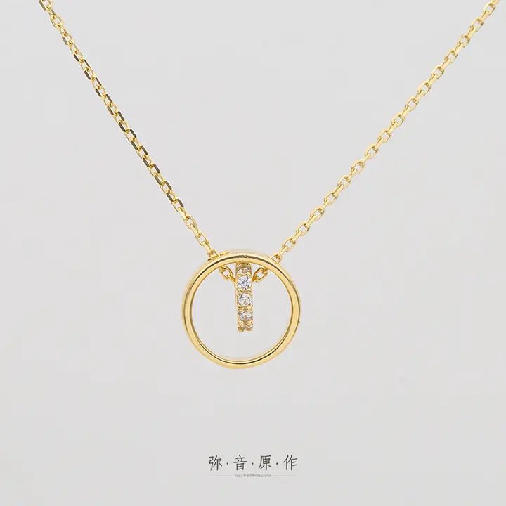 925純銀製 ゴールドメッキの鎖骨ネックレス【サークルデザイン・水晶吊り下げ・個性的な女性向けジュエリー】