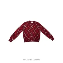 ワインレッド ニット セーター ラウンドネック カーディガン 日常着に適した ダイヤモンドチェック