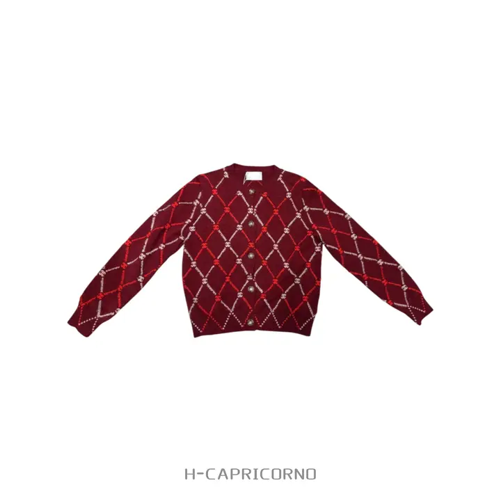 ワインレッド ニット セーター ラウンドネック カーディガン 日常着に適した ダイヤモンドチェック