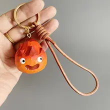 バッグチャーム キーホルダー 手作り 木製 カルシファー 小さな炎 遊び心 紐付きストラップ 通学バッグ デコ プレゼント ギフト