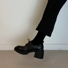 牛革製 英倫風レトロ厚底ハイヒールローファー【丸トゥ・紐付き・女性用】