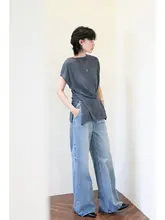 梨形体型に最適！ウォッシュコットン使用の浅青色デニムストレートパンツ【フィット・ワイドレッグ】（セットアップ対応）