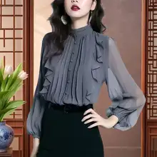 高級シフォン立衿ブラウス【フリルデザイン・長袖・春秋対応】（セットアップ対応）