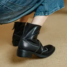 ブラウンレトロ本革ショートブーツ【粗いヒール・秋用・洗い加工】