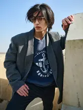 ストライプ柄粗糸ウールのオーバーサイズジャケット【カジュアルデザイン・青果襟】