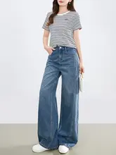広がりのあるデザインのハイウエストデニムパンツ【女性用・ストレートシルエット・春夏用】（セットアップ対応）