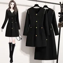 ワンピース 大きいサイズ レディース ゆったり体型 ウエスト絞り スリム ブラック フレンチ Vネック 秋冬