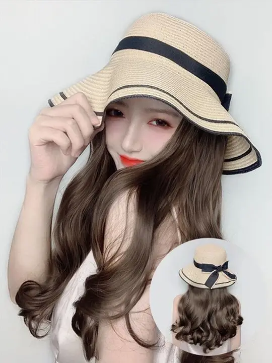 ファッションウィッグ帽子【夏用・長い巻き髪・取り外し可能・トレンド・全頭対応】