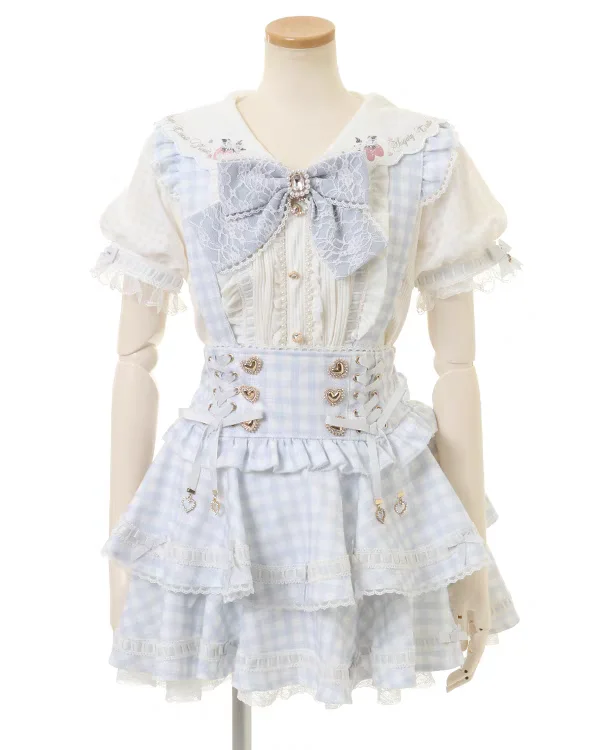 可愛らしいチェック柄の高腰サスペンダースカート【リボン付き・夏用・カジュアル】（セットアップ対応）