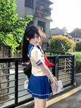 学院風 水色セーラー服【ショートスリーブ・ハイウエスト・白い短スカート】（セットアップ対応）