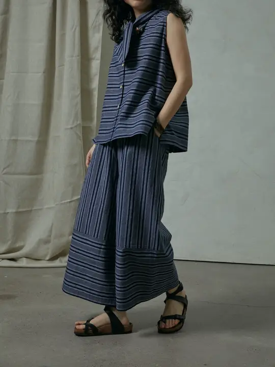 オールコットン製 ヴィンテージストライプ ワイドストレートパンツ【ウエストゴム・ゆったりシルエット】（セットアップ対応）