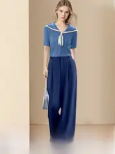 学院風デザインの涼しげなトップスとワイドパンツ【女性用・夏季・（セットアップ対応）】