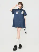 ヴィンテージ風ポロ襟デニムワンピース【夏用・華やかなリボン・ゆったりシルエット】