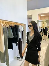 ZHOUMIAO カラー切替ニットカーディガン【Vネック・ウエスト紐付き・レディース】