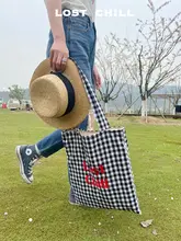 Lost Chill ブラックホワイトチェックキャンバストートバッグ【レッド刺繍・カジュアルデザイン】