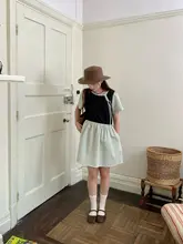 ブルーのニットパネルデザインドレス【ショートスリーブ・ウエストシェイプ・夏用・ゆったりした着心地】（セットアップ対応）