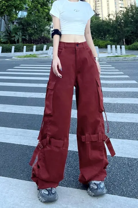 ユニセックス ストリートダンス用 ワイドレッグカーゴパンツ【レッド・機能的束脚デザイン】