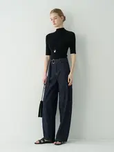 レトロなツイストデザイン ハイウエストバナナデニムパンツ【ゆったりシルエット・スリム効果】