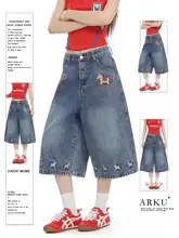 デニムクロップドパンツ レディース 木馬刺繍 アメカジ ヴィンテージ ワイド ストレート ゆったり 着痩せ 着回し「ARKU」