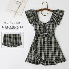 ワンピース水着 レディース チェック柄 フライングスリーブ 体型カバー 着痩せ 露出控えめ 小胸 ヴィンテージ 温泉 スパ プール
