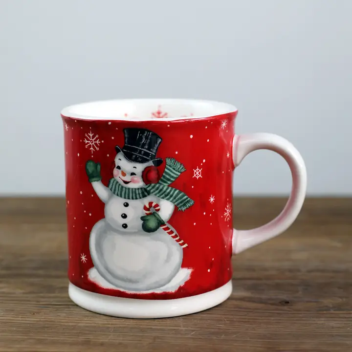 クリスマスデザインの赤チェック雪だるまマグカップ【オフィス用・ミルク・燕麦用】