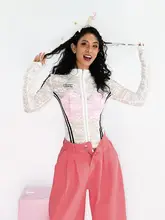 美しいレースデザインのアメリカンスタイル 衿付きTシャツ【修身・長袖・ダブルジッパー】