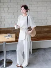 スタイル白のリボン付きトップス【夏用・質感のあるワイドパンツ】（セットアップ対応）