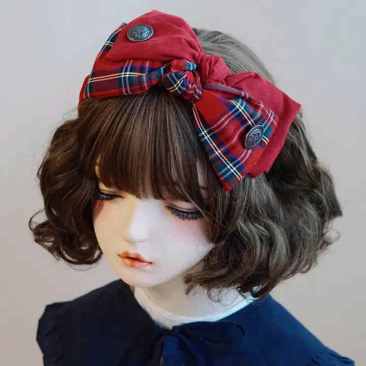 カチューシャ ハンドメイド 大ぶり蝶結び タータンチェック ボルドー
