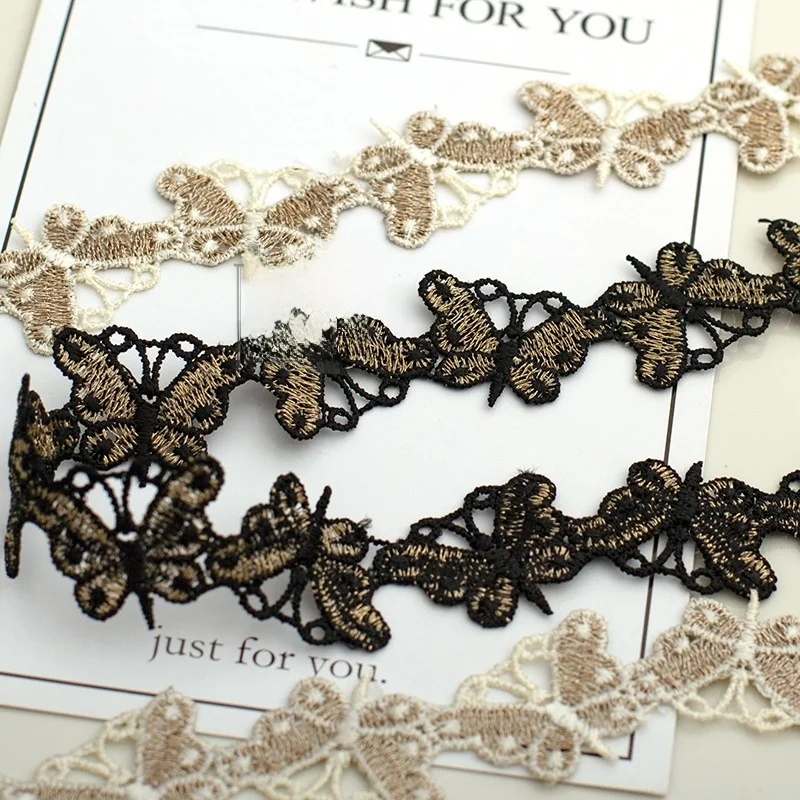 ブラックゴールドの蝶の刺繍レース：DIY用の透け感とデザインのバランスを実現