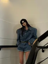 ブルーデニムオールインワン【秋用・レトロ・ハイウエスト・ワイドレッグ・女性用】